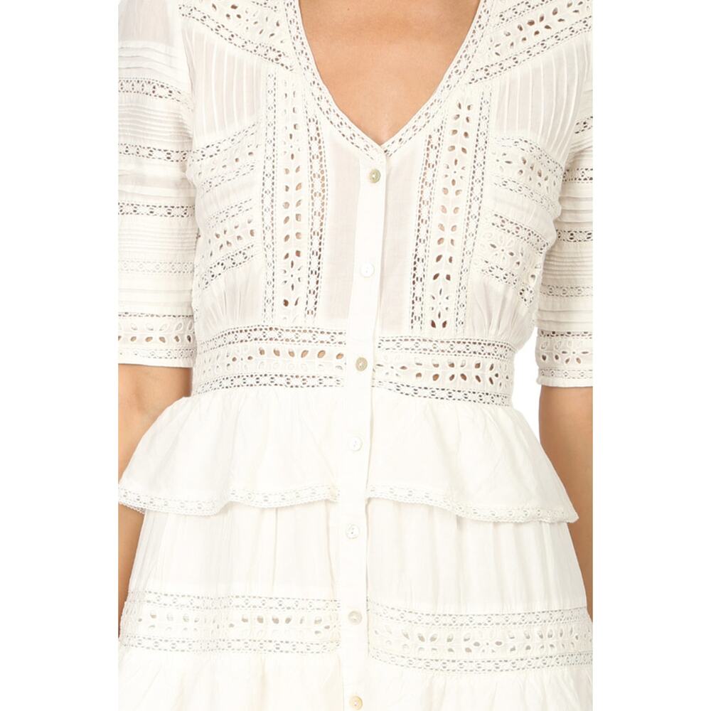 LoveShackFancy Rebecca 100% Cotton White Lace Embroidered Tiered Midi Dress - Picture 2 of 14
